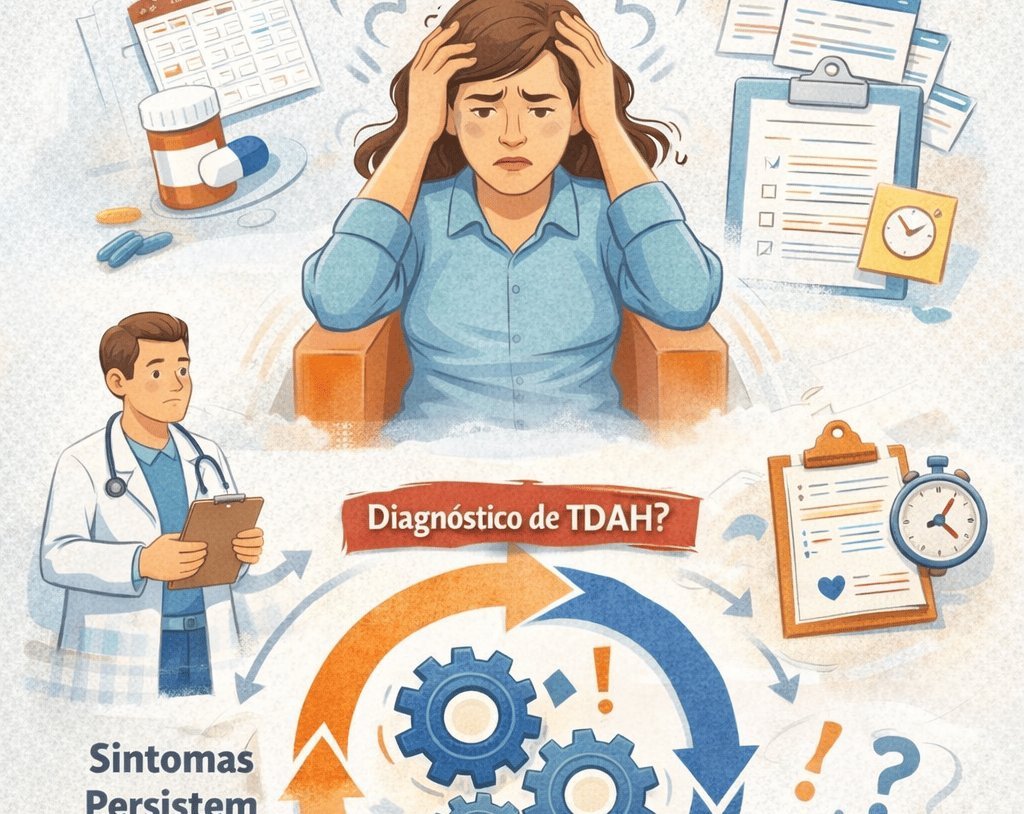 Mulher com mãos na cabeça cercada por símbolos de sobrecarga — representa o sofrimento emocional e a baixa autoestima no TDAH não diagnosticado