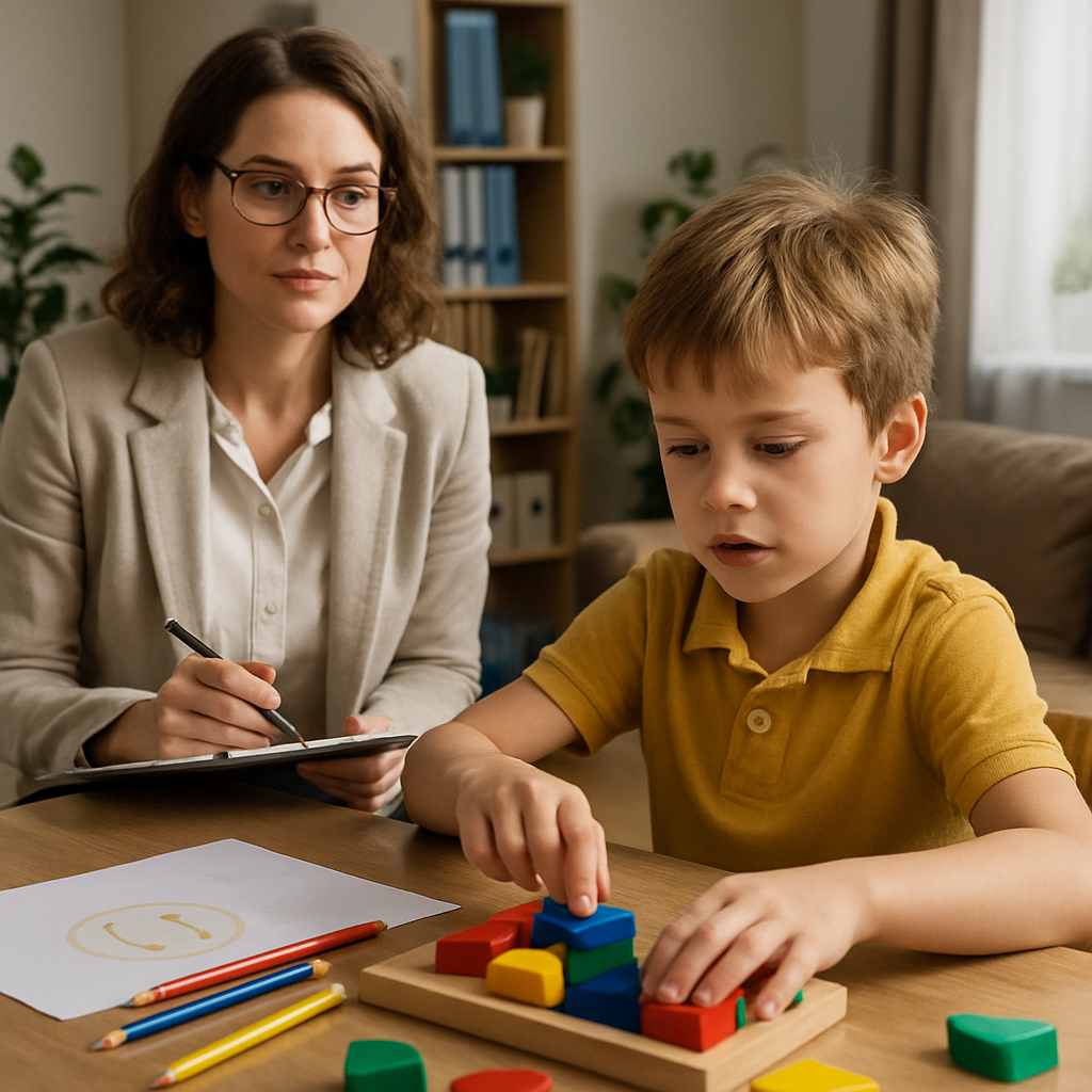 Psicóloga observando criança realizando tarefas com blocos coloridos — representa a avaliação do desenvolvimento infantil no contexto do TDAH