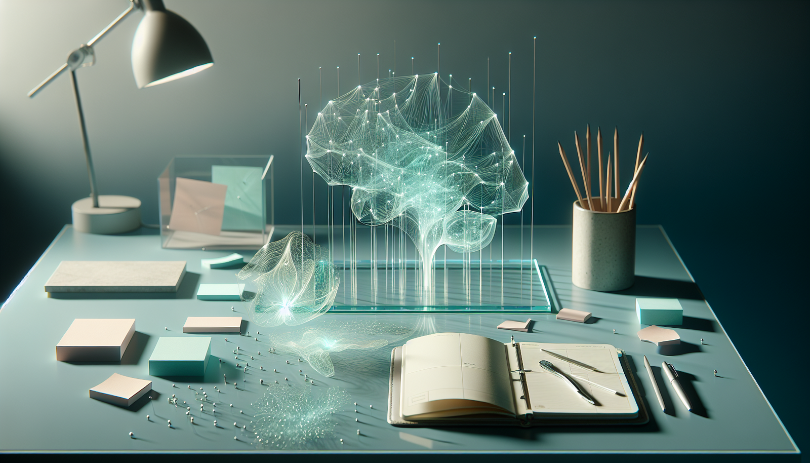 Representação visual do TDAH e memória com elementos simbólicos de conexões neurais e foco mental