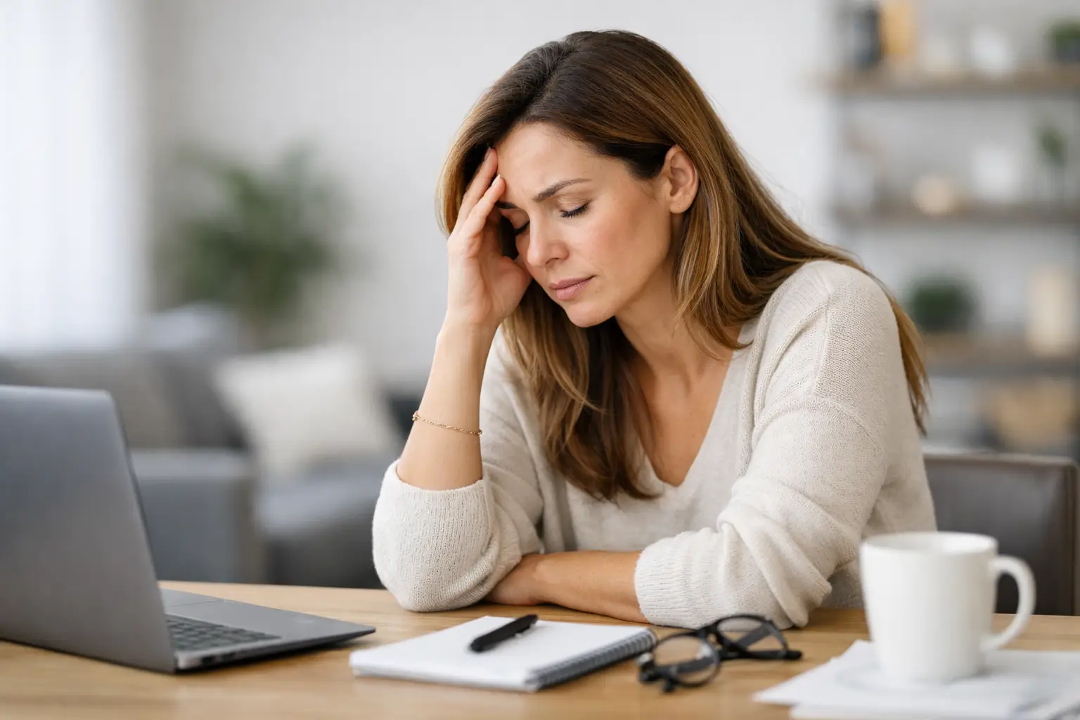 Mulher adulta com expressão de sobrecarga diante de tarefas, representando sintomas de TDAH em mulheres adultas