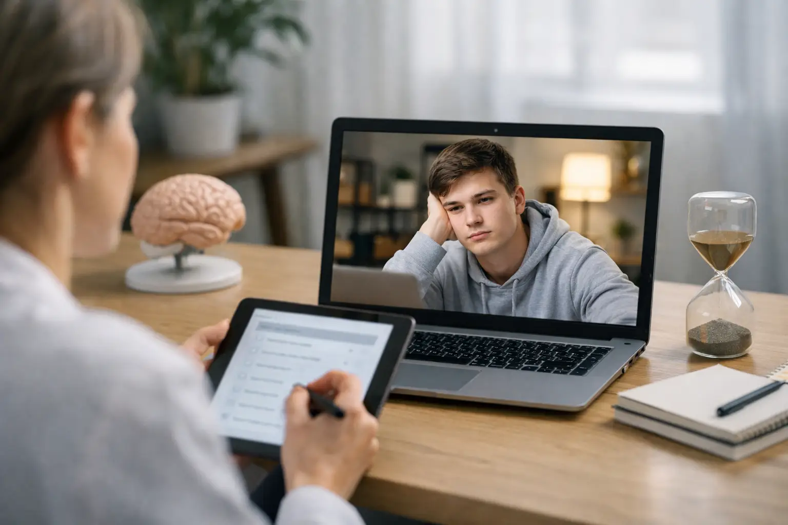 Pessoa usando computador para acessar triagem para TDAH online com postura atenta e organizada