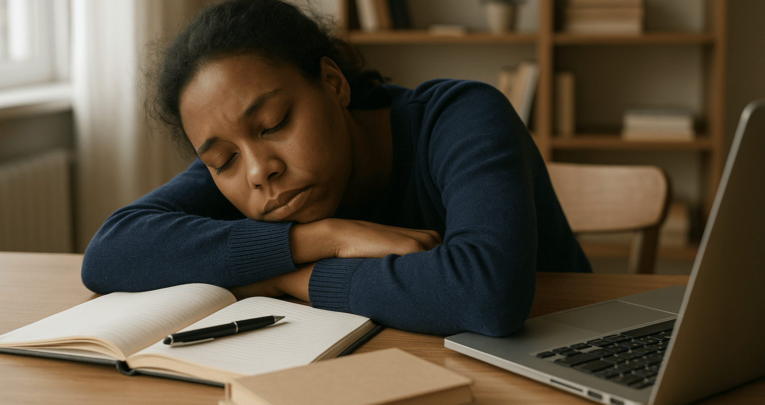 Mulher adormecida sobre caderno aberto em mesa de trabalho — representa a fadiga e privação de sono como moduladores dos sintomas de TDAH