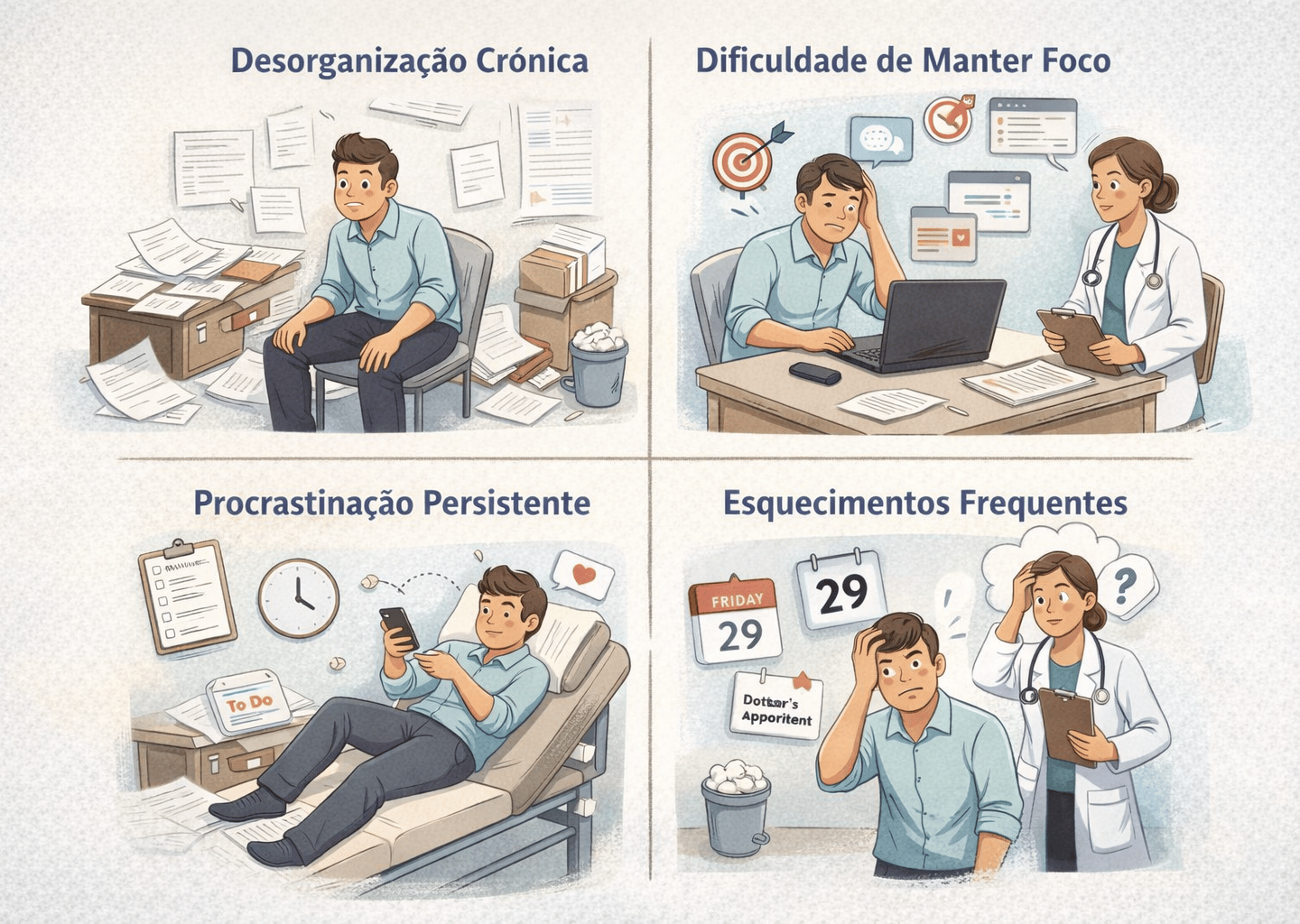Quadro ilustrativo dos quatro sintomas mais comuns do TDAH em adultos: desorganização crônica, dificuldade de manter foco, procrastinação persistente e esquecimentos frequentes